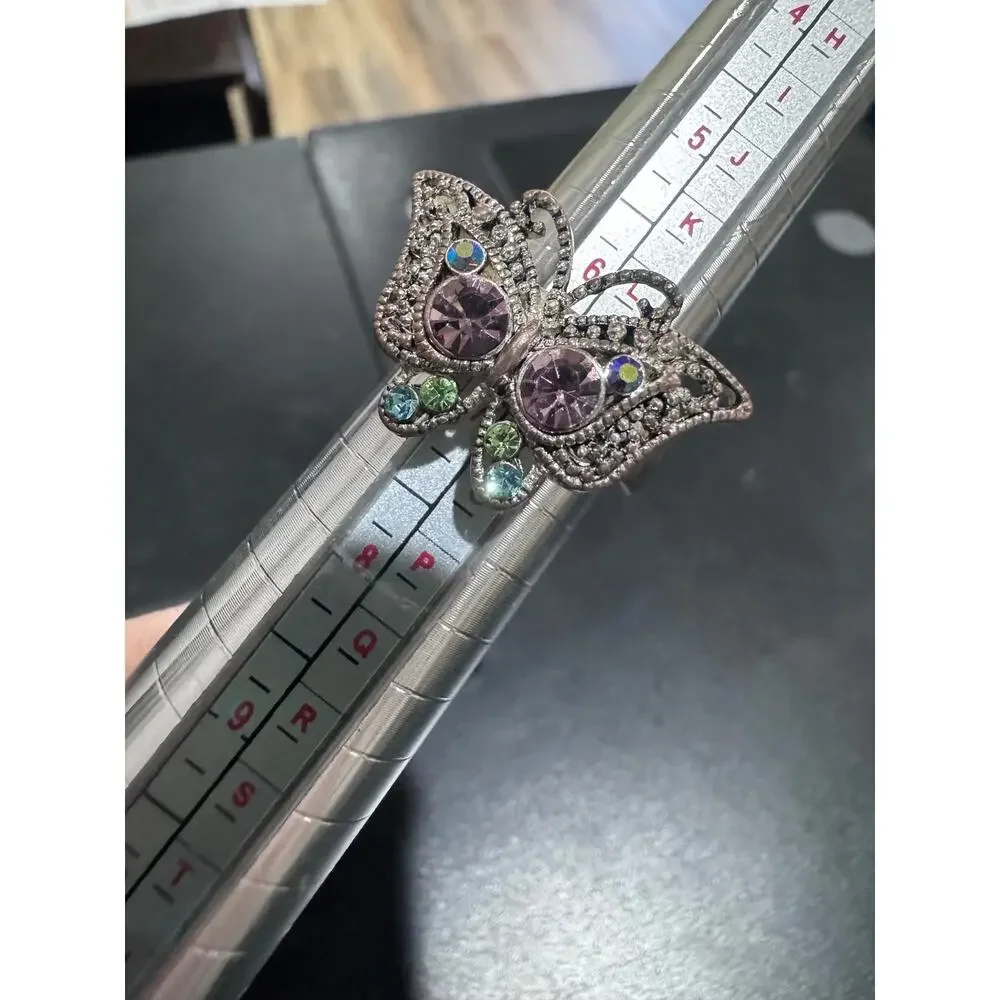 Vintage Butterfly Statement Ring | Lavender Rhinestones | Silver Tone